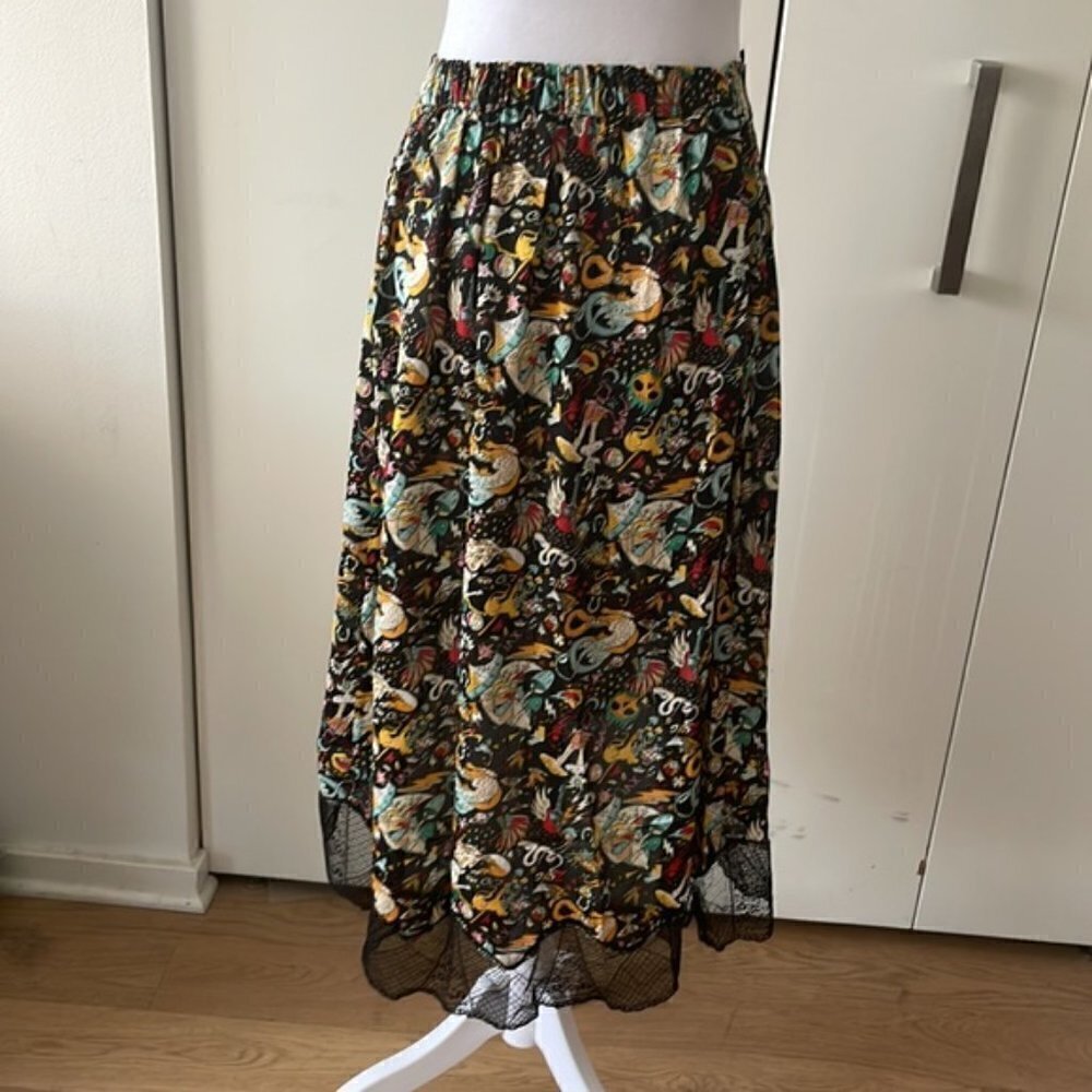 Zadig & Voltaire Skull Print High Low Midi Skirt Lace Hem Boho Gothic Designer - Picture 7 of 15